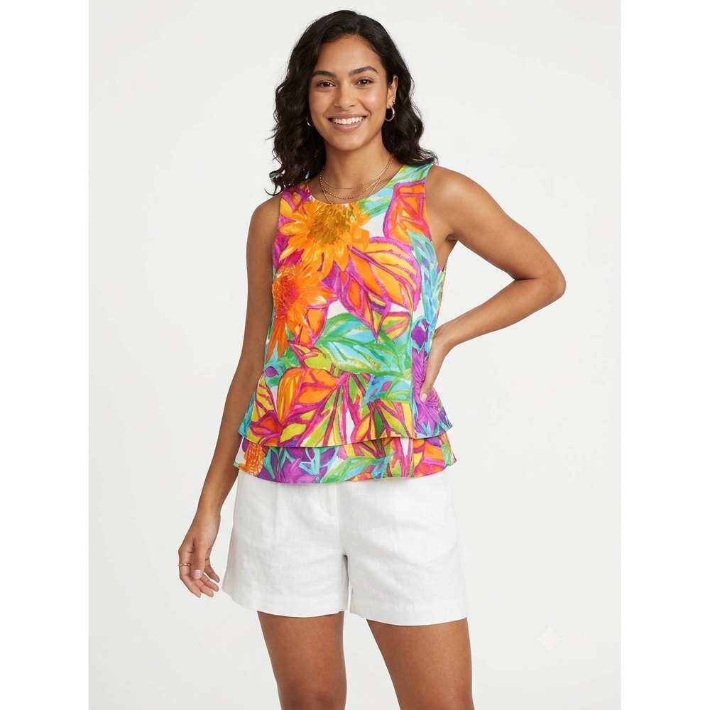 Lauren Ralph Lauren Tropical Floral Tiered Sleeveless Blouse Multi Color Small